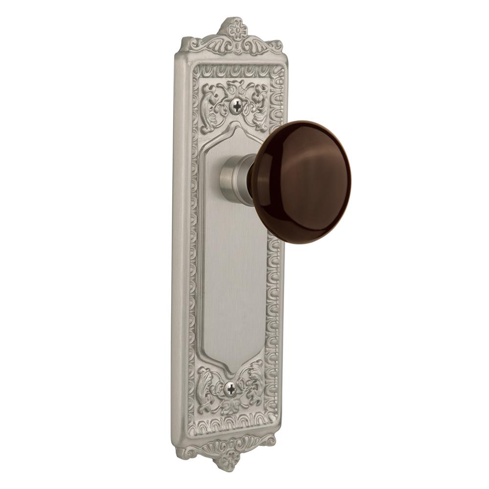 Nostalgic Warehouse EADBRN Passage Knob Egg and Dart Plate with Brown Porcelain Knob without Keyhole in Satin Nickel